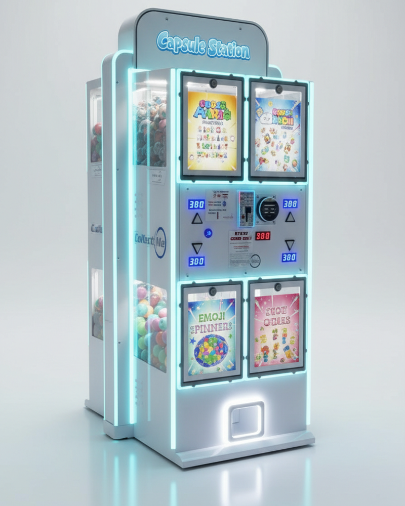 Double-bay capsule station vending machine with digital displays and neon lighting