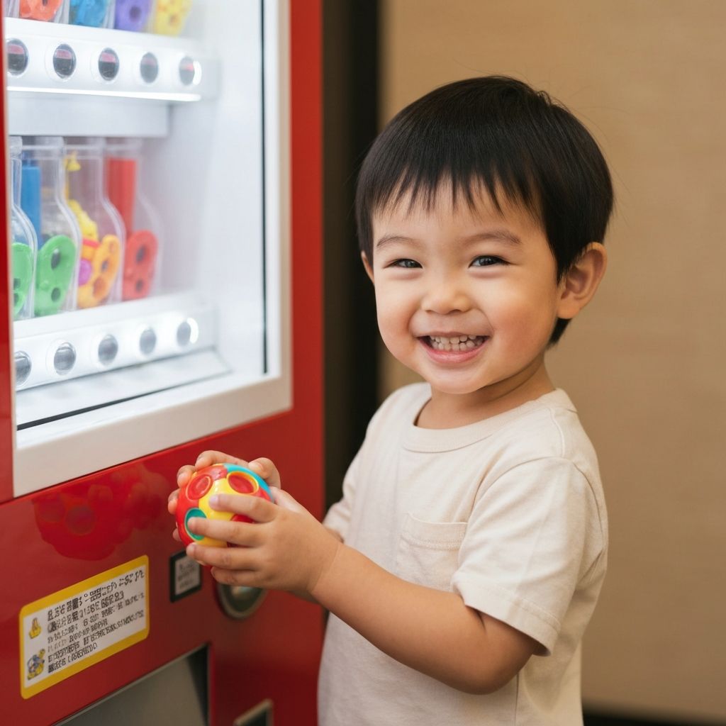Happy child with toy from vending machine