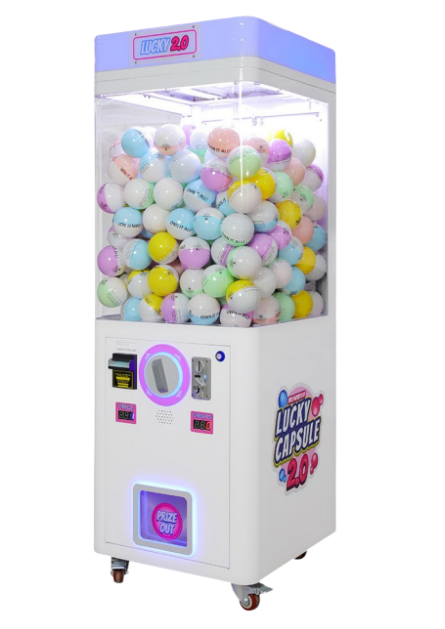 Single capsule vending machine with colourful capsule balls and LED lighting